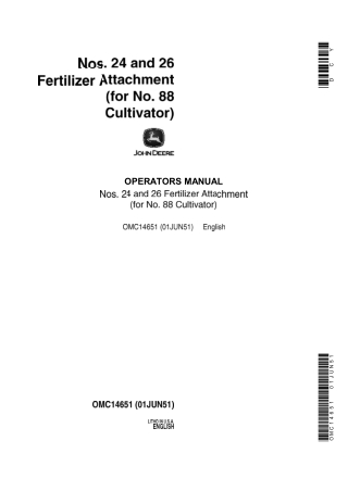 John Deere Nos.24 and 26 Fertilizer Attachment for No.88 Cultivator Operator’s Manual Instant Download (Publication No.O