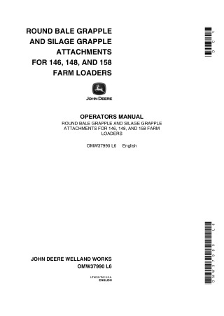 John Deere Round Bale Grapple and Silage Grapple Attachments for 146 148 and 158 Farm Loaders Operator’s Manual Instant