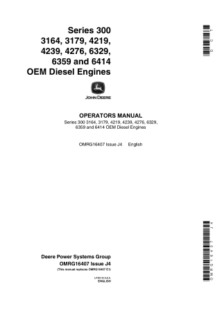 John Deere Series 300 3164 3179 4219 4239 4276 6329 6359 and 6414 OEM Diesel Engines Operator’s Manual Instant Download