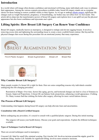 Lifting Spirits: How Breast Lift Surgery Can Renew Your Confidence