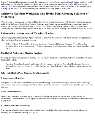 Achieve a Healthier Workplace with Health Point Cleaning Solutions of Minnesota