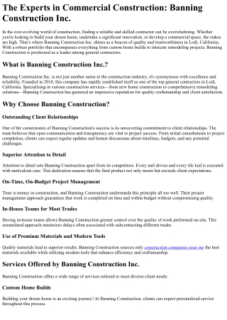 The Experts in Commercial Construction Banning Construction Inc.
