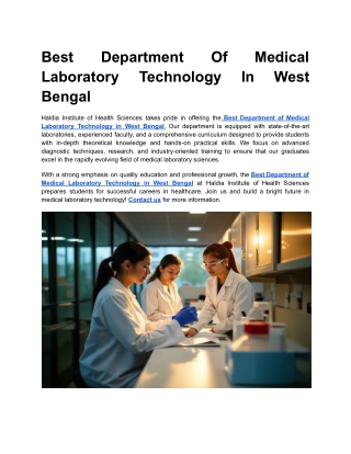 Best Department Of Medical Laboratory Technology In West Bengal