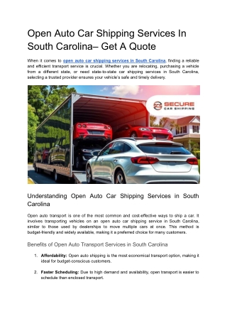 Open Auto Car Shipping Services In South Carolina– Get A Quote