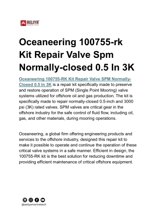 Oceaneering 100755-rk Kit Repair Valve Spm Normally-closed 0.5 In 3K