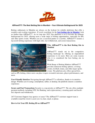AllPanel777 The Best Betting Site in Mumbai – Your Ultimate Battleground for 2025