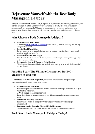 Rejuvenate Yourself with the Best Body Massage in Udaipur article 1