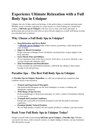 Experience Ultimate Relaxation with a Full Body Spa in Udaipur
