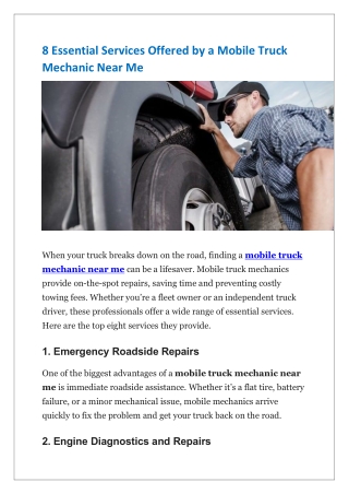 8 Essential Services Offered by a Mobile Truck Mechanic Near Me