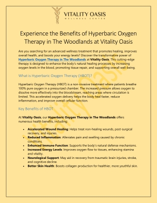Hyperbaric Oxygen Therapy in The Woodlands at Vitality Oasis