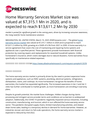 Home Warranty Services Market size was valued at $7,315.1 Mn in 2020, and is expected to reach $13,611.2 Mn by 2030