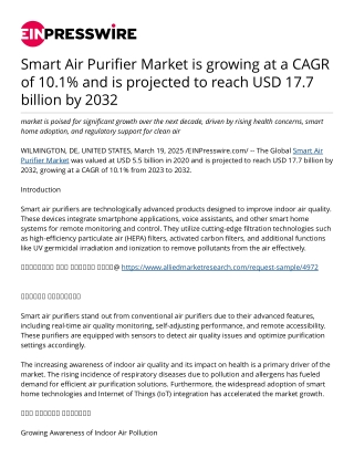 Smart Air Purifier Market is growing at a CAGR of 10.1% and is projected to reach USD 17.7 billion by 2032