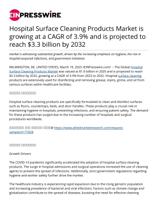 Hospital Surface Cleaning Products Market is growing at a CAGR of 3.9% and is projected to reach $3.3 billion by 2032