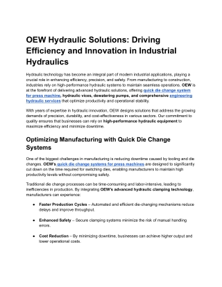 OEW Hydraulic Solutions: Driving Industrial Efficiency and Innovation