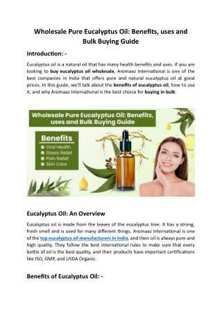 Wholesale Pure Eucalyptus Oil: Benefits, uses and Bulk Buying Guide