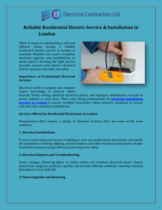 Reliable Residential Electric Service & Installation in London