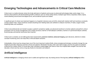 Emerging Technologies and Advancements in Critical Care Medicine
