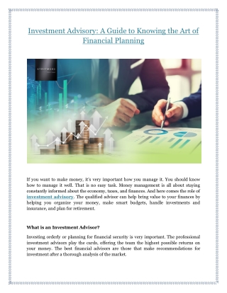 Investment Advisory: A Guide to Knowing the Art of Financial Planning