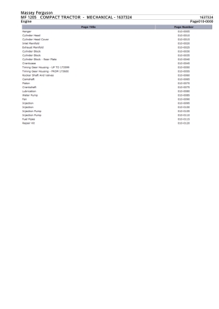 Massey Ferguson MF 1205 COMPACT TRACTOR (MECHANICAL) Parts Catalogue Manual Instant Download