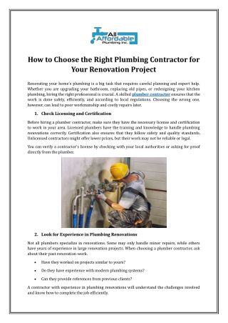 How to Choose the Right Plumbing Contractor for Your Renovation Project