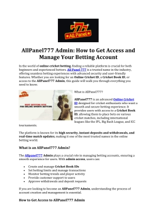 AllPanel777 Admin-How to Get Access and Manage Your Betting Account
