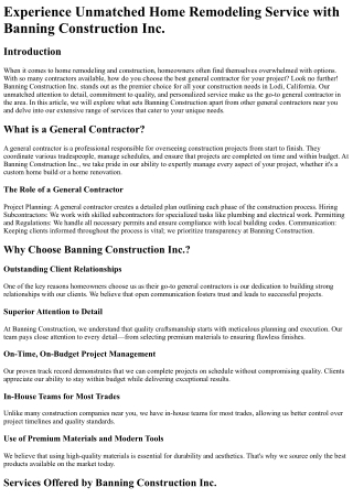 Experience Unmatched Home Remodeling Service with Banning Construction Inc.