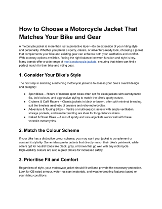 How to Choose a Motorcycle Jacket That Matches Your Bike and Gear