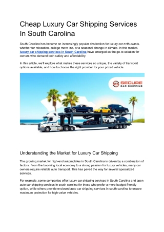 Cheap Luxury Car Shipping Services In South Carolina
