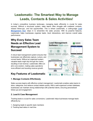 Leadomatic The Smartest Way to Manage Leads, Contacts & Sales Activities!