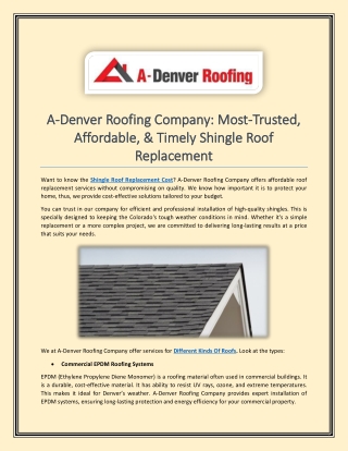 A-Denver Roofing Company Most-Trusted, Affordable, & Timely Shingle Roof Replacement