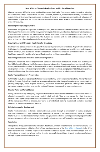 Best NGOs in Chennai - Prajha Trust and its Social Activism