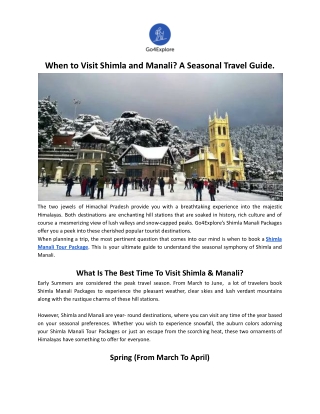 When to Visit Shimla and Manali? A Seasonal Travel Guide.