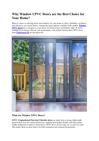 Why Window UPVC Doors are the Best Choice for Your Home?