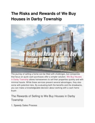 The Risks and Rewards of We Buy Houses in Darby Township