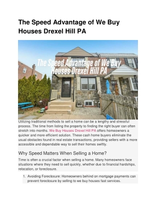 The Speed Advantage of We Buy Houses Drexel Hill PA
