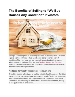 The Benefits of Selling to “We Buy Houses Any Condition” Investors