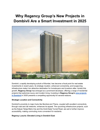 Why Regency Group’s New Projects in Dombivli Are a Smart Investment in 2025