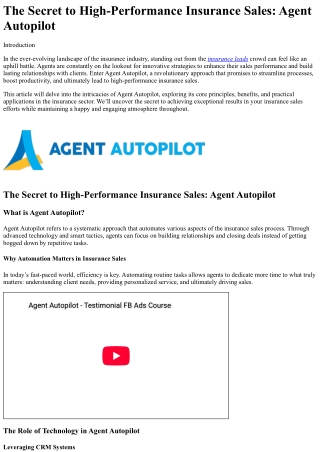 The Secret to High-Performance Insurance Sales Agent Autopilot