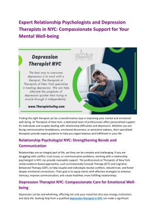 Expert Relationship Psychologists and Depression Therapists in NYC Compassionate Support for Your Mental Well-being. pdf