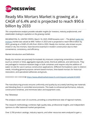 Ready Mix Mortars Market is growing at a CAGR of 6.4% and is projected to reach $90.6 billion by 2033