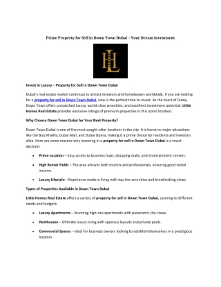 Prime Property for Sell in Down Town Dubai – Your Dream Investment