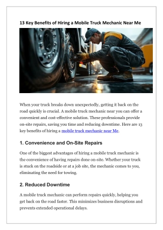 13 Key Benefits of Hiring a Mobile Truck Mechanic Near Me