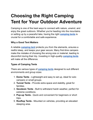 Choosing the Right Camping Tent for Your Outdoor Adventure