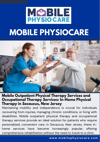 Mobile Outpatient Physical Therapy Services and Occupational Therapy Services In-Home Physical Therapy in Secaucus, New