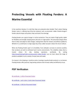 Protecting Vessels with Floating Fenders