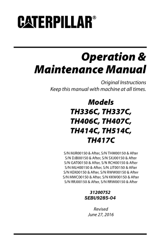 Caterpillar Cat TH417C Telehandler Operator and Maintenance manual Instant Download