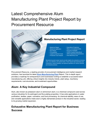 Latest Comprehensive Alum Manufacturing Plant Project Report by Procurement Resource