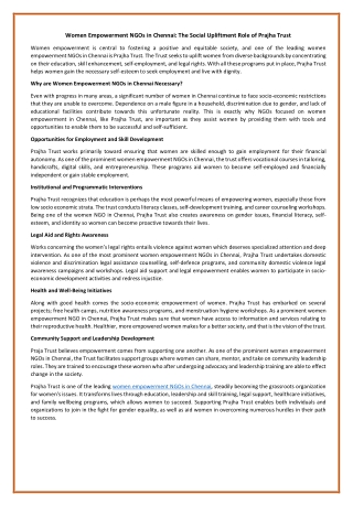 Women Empowerment NGOs in Chennai: The Social Upliftment Role of Prajha Trust
