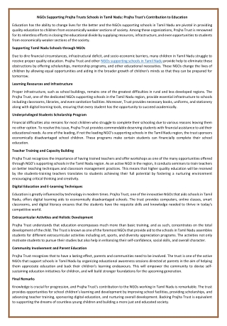 NGOs Supporting Prajha Trusts Schools in Tamil Nadu: Prajha Trust's Contribution