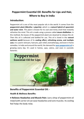 Peppermint Essential Oil: Benefits for Lips and Hair, Where to Buy in India